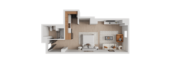 A modern living room with a fireplace and a kitchen area.