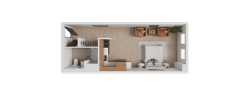 A modern living room with a fireplace and a kitchen area.
