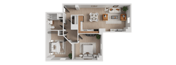 A 3D floor plan of a house with a kitchen, living room, and two bedrooms.