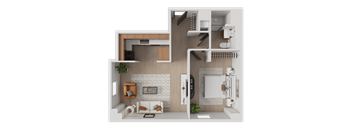 A 3D rendered image of a modern apartment layout.