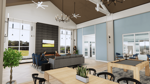 A modern living room with a fireplace and a view of the outdoors.