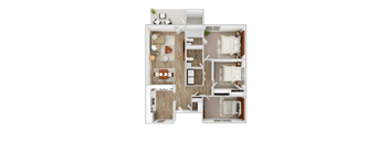 A top-down view of a house layout with a living room, kitchen, dining area, and bedrooms.