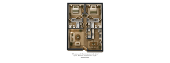 A floor plan of a two-bedroom apartment with a living room, kitchen, and bathroom.