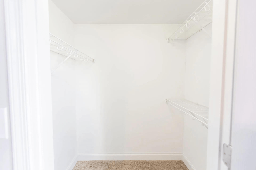 a walk in closet with white walls and shelves and a carpet