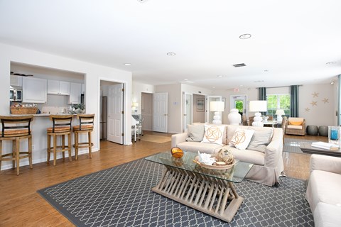 A modern living room with a glass coffee table and a grey rug.