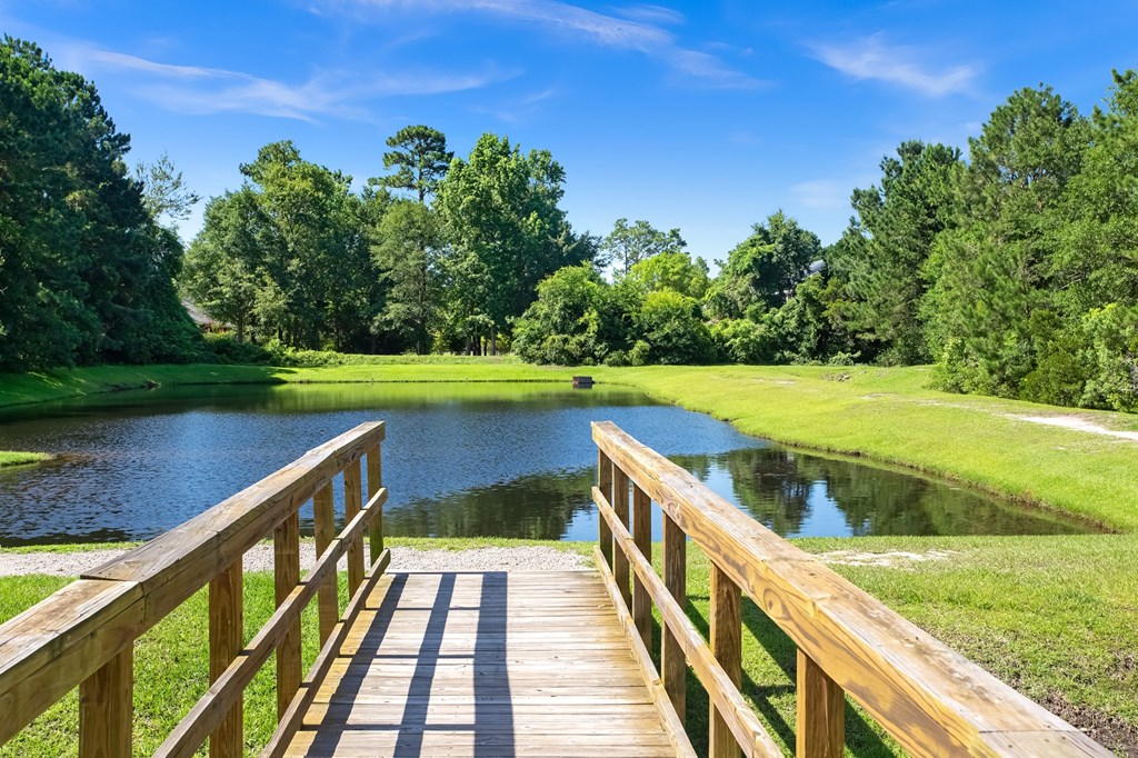 A wooden bridge leads to a serene lake surrounded by lush greenery.