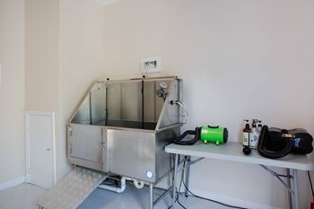 A room with a table and a machine on it.