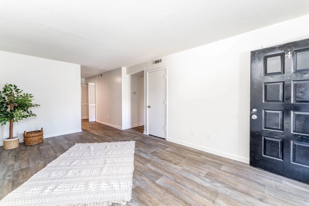A room with a black door and a white rug on the floor.