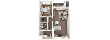 a 3d rendering of a floor plan with a bedroom and living room
