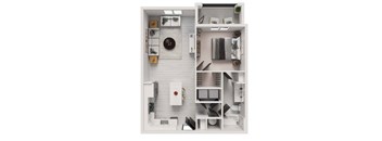 A white dollhouse with a red button on the floor.