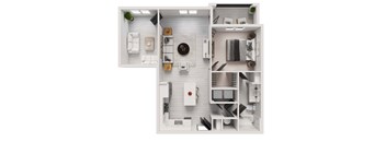 A top-down view of a small, neatly organized apartment with a kitchen, living room, and bathroom.