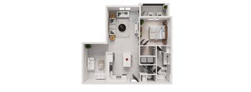 A white and wood floor plan of a small apartment with a kitchen, living room, and bathroom.