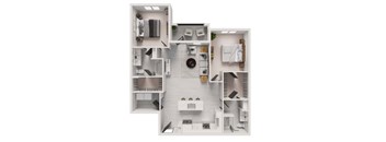 A floor plan of a house with a kitchen, living room, and bathroom.