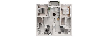 A white model of a house with a kitchen, living room, and bathroom.