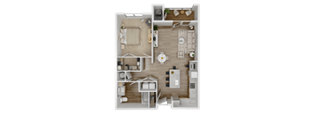 A bird's eye view of the Abigail floor plan featuring bedrooms, kitchen, living, and dining areas.
