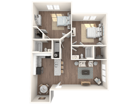 Floor Plan for Two Bedroom Two Bath at 1079 square feet