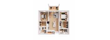 A dollhouse with a living room, kitchen, and bedroom.