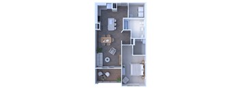 A top down view of a small apartment with a kitchen, living room, and bathroom.