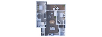 A floor plan of a house with a kitchen, living room, dining room, and two bedrooms.
