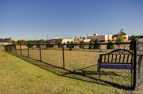 A black fence surrounds a green field with a bench on the right side.