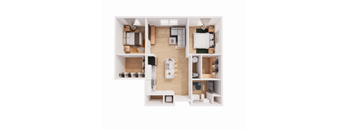 A dollhouse with a kitchen, living room, and dining area.