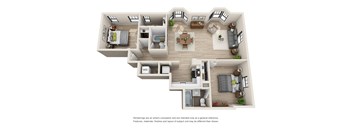 A 3D floor plan of a house with a kitchen, living room, dining room, and bedrooms.