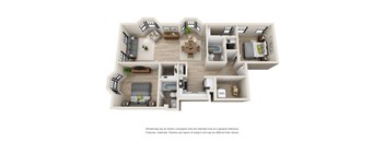 A 3D floor plan of a house with labeled rooms.
