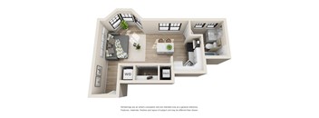 A 3D rendered image of a house layout with labeled rooms.