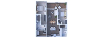 A floor plan of a house with a kitchen, living room, dining room, and bathrooms.