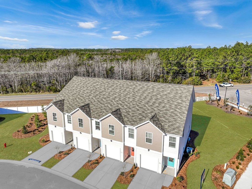 A row of houses with a forest in the background.