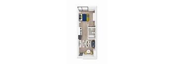 A top-down view of a small apartment with a bed, desk, and kitchenette.