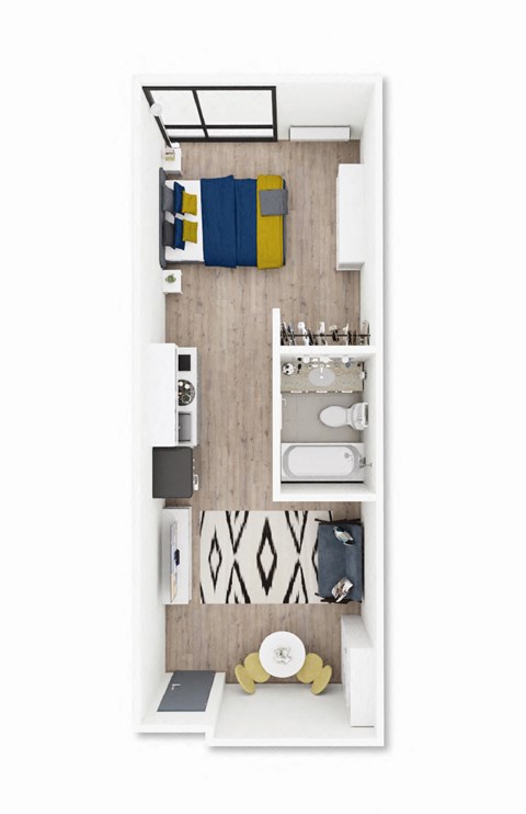 A top-down view of a small apartment with a bed, desk, and kitchenette.