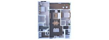 A top-down view of a house layout with a central living area, two bedrooms, a bathroom, and a kitchen.