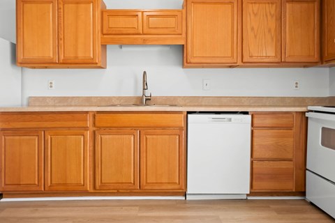 A kitchen with wooden cabinets and a white dishwasher.