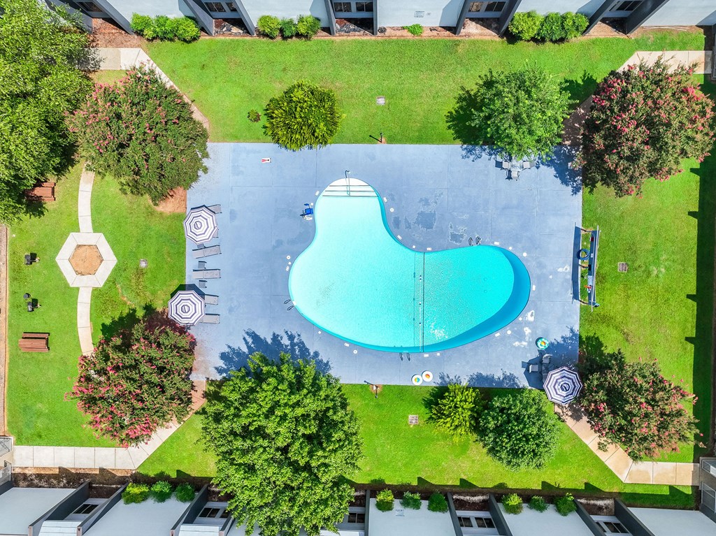 An aerial view of a swimming pool surrounded by trees and a grassy area.