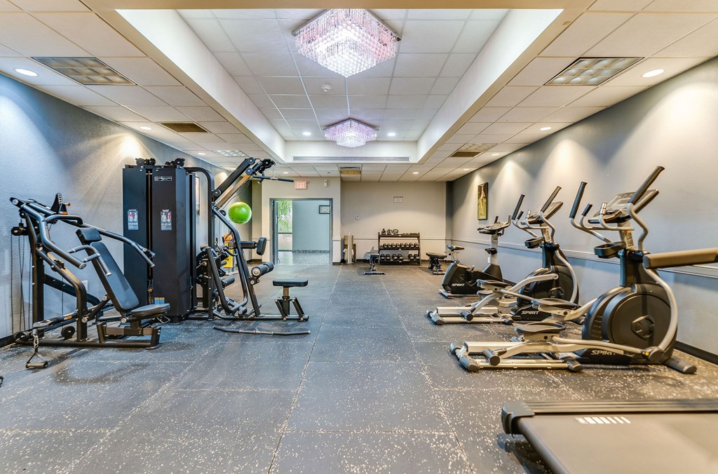 A gym with a variety of exercise equipment including treadmills, stationary bikes, and weight machines.