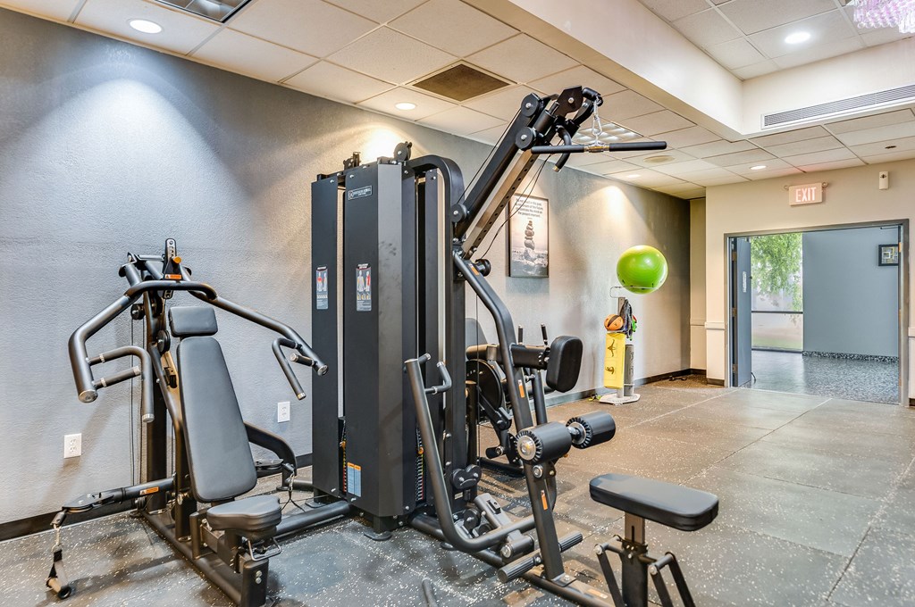 A gym with a variety of equipment including a leg press machine, a chest press machine, and a squat rack.