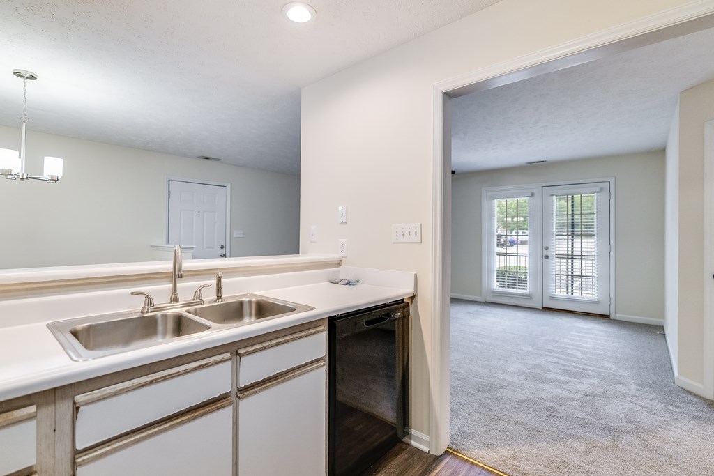 A kitchen with a sink and a dishwasher.