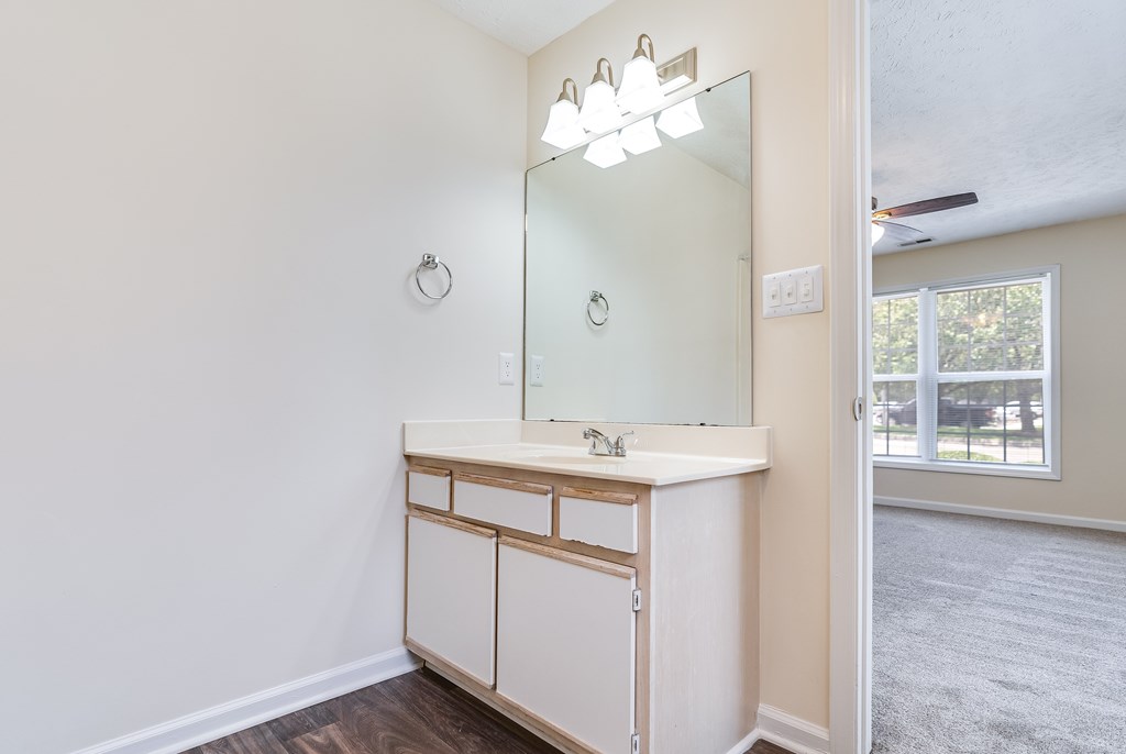 A bathroom with a vanity and a mirror.