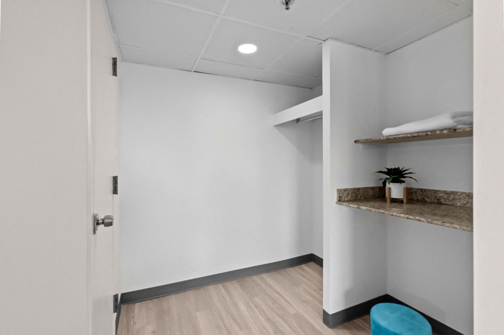 A small room with a door, a shelf with towels, a plant, and a blue stool.