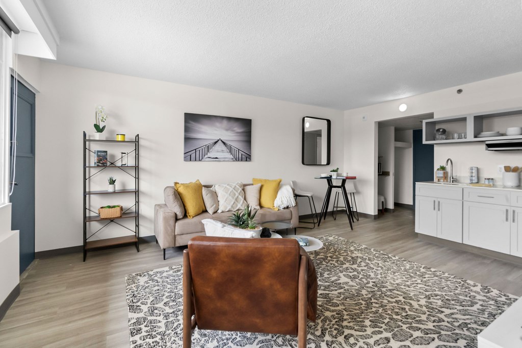 A living room with a brown leather chair and a patterned rug.