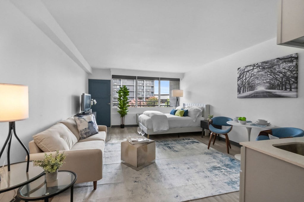 A living room with a white couch and a blue chair.