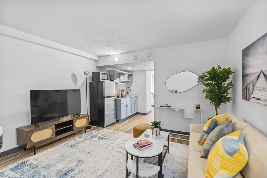 A living room with a television, a couch, and a potted plant.