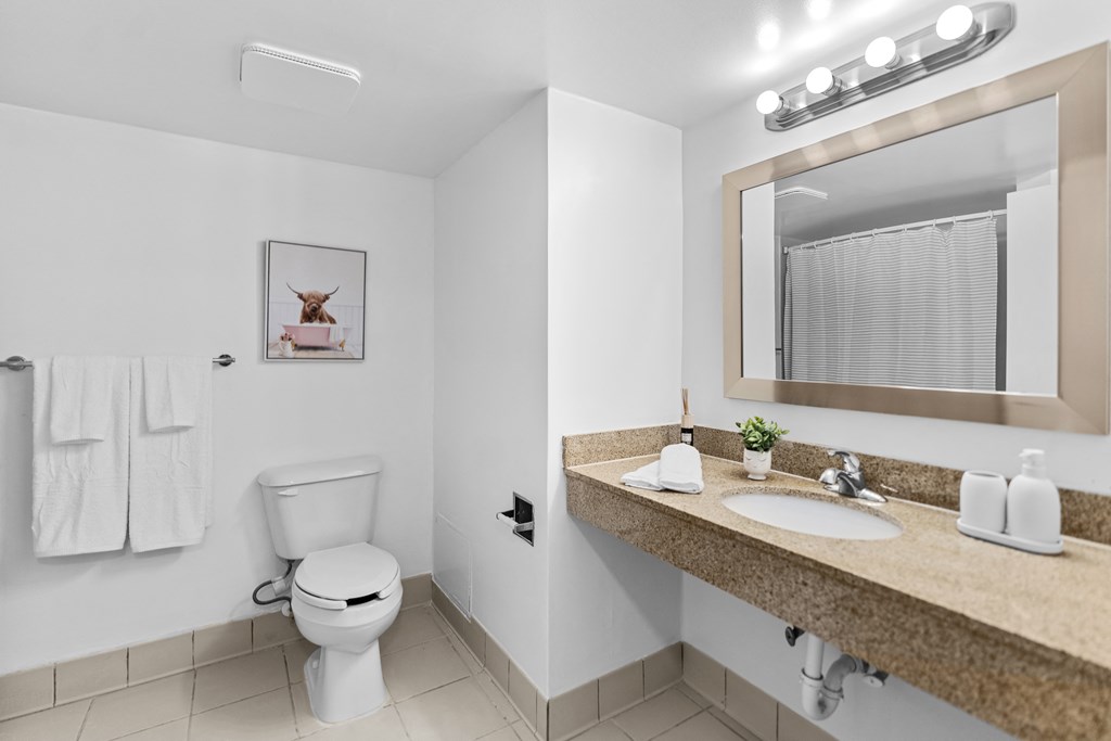 A bathroom with a toilet, sink, and mirror.