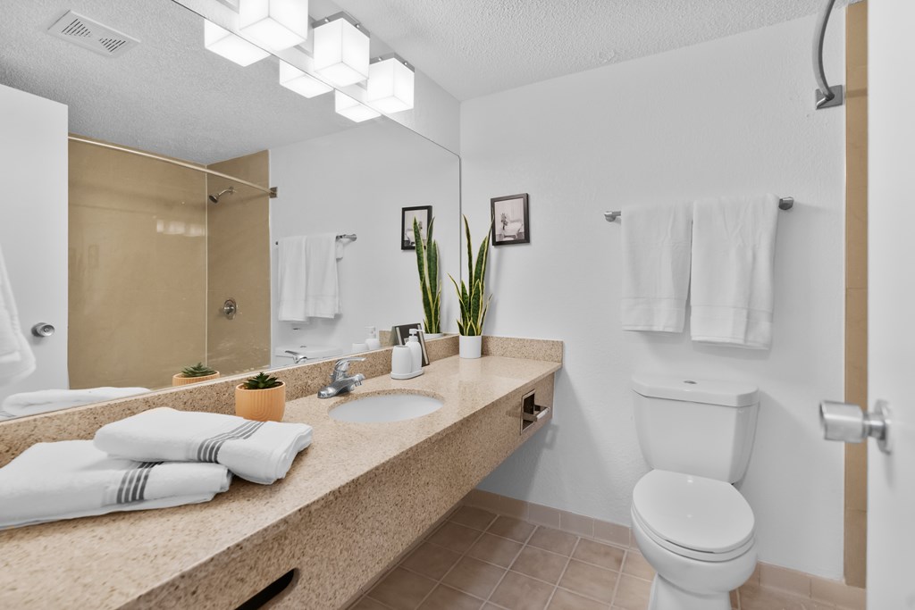 A bathroom with a toilet, sink, mirror, and towel.