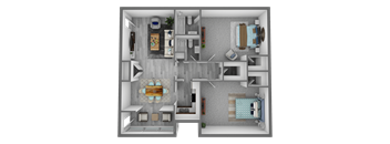 A top-down view of a house layout with a kitchen, living room, and two bedrooms.