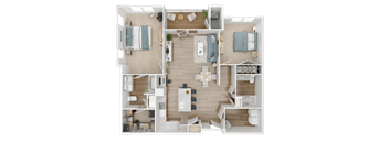 A bird's eye view of the Eleanor floor plan featuring bedrooms, kitchen, living, and dining areas.