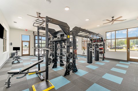 a fully equipped fitness center with weights machines and other exercise equipment
