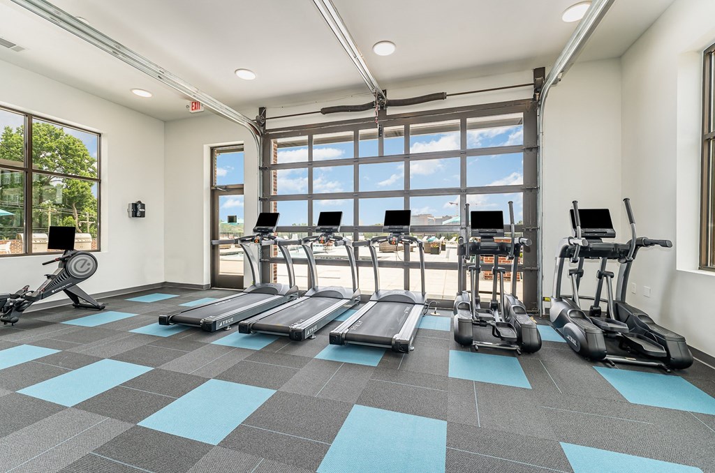 a workout room with treadmills and elliptical trainers