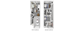 Two floor plans of a small apartment with a car.